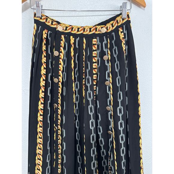 VTG Mamo Midi Pleated Skirt S Black Gold Silver Chain Baroque Print Luxury Glam - Picture 4 of 12